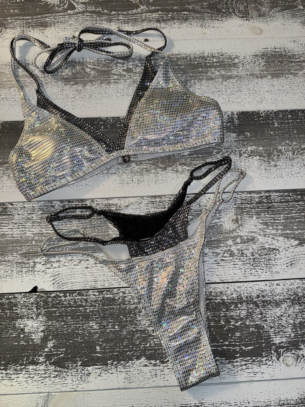NWT Cupshe Metallic Silver Black Bikini Top & Bottoms Layered Size Small